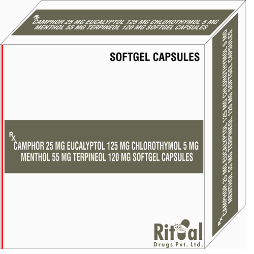 Camphor 25mg + Eucalyptol 125mg + Chlorothymol 5mg + Menthol 55mg + Terpineol 120mg Softgel Capsules