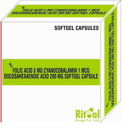 Folic Acid 5mg  + Cyanocobalamin 1mcg + Docosahexaenoic Acid 200mg Softgel Capsules
