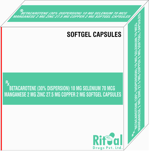 Betacarotene 10mg+ Selenium 70mg Mcg + Manganese 2mg +Zinc 27.5 mg + copper 2mg Softgel Capsules