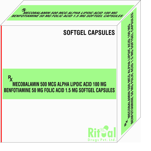 Mecobalamin 500mg + Alpha Lipoic Acid 100mg +Benfotiamine 50mg + Folic Acid 1.5mg Softgel Capsules